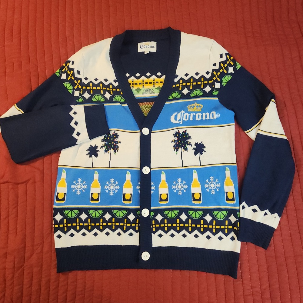 Corona Extra Feliz Navidad Ugly Christmas Sweater Cardigan Mens Large Blue White